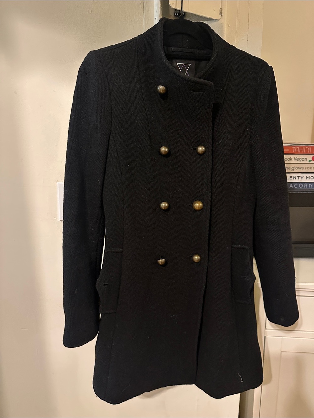 Aritzia Black Double-Breasted Pea Coat with Brass Buttons